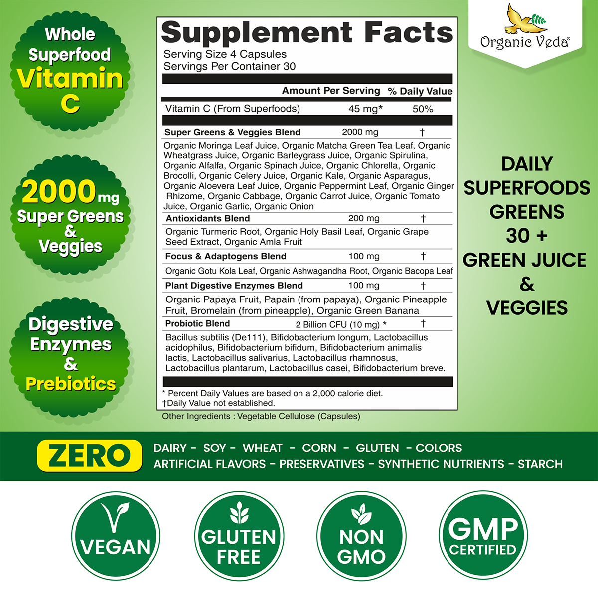 Superfoods Greens - 30+ Green Juices & Veggies OrganicVeda