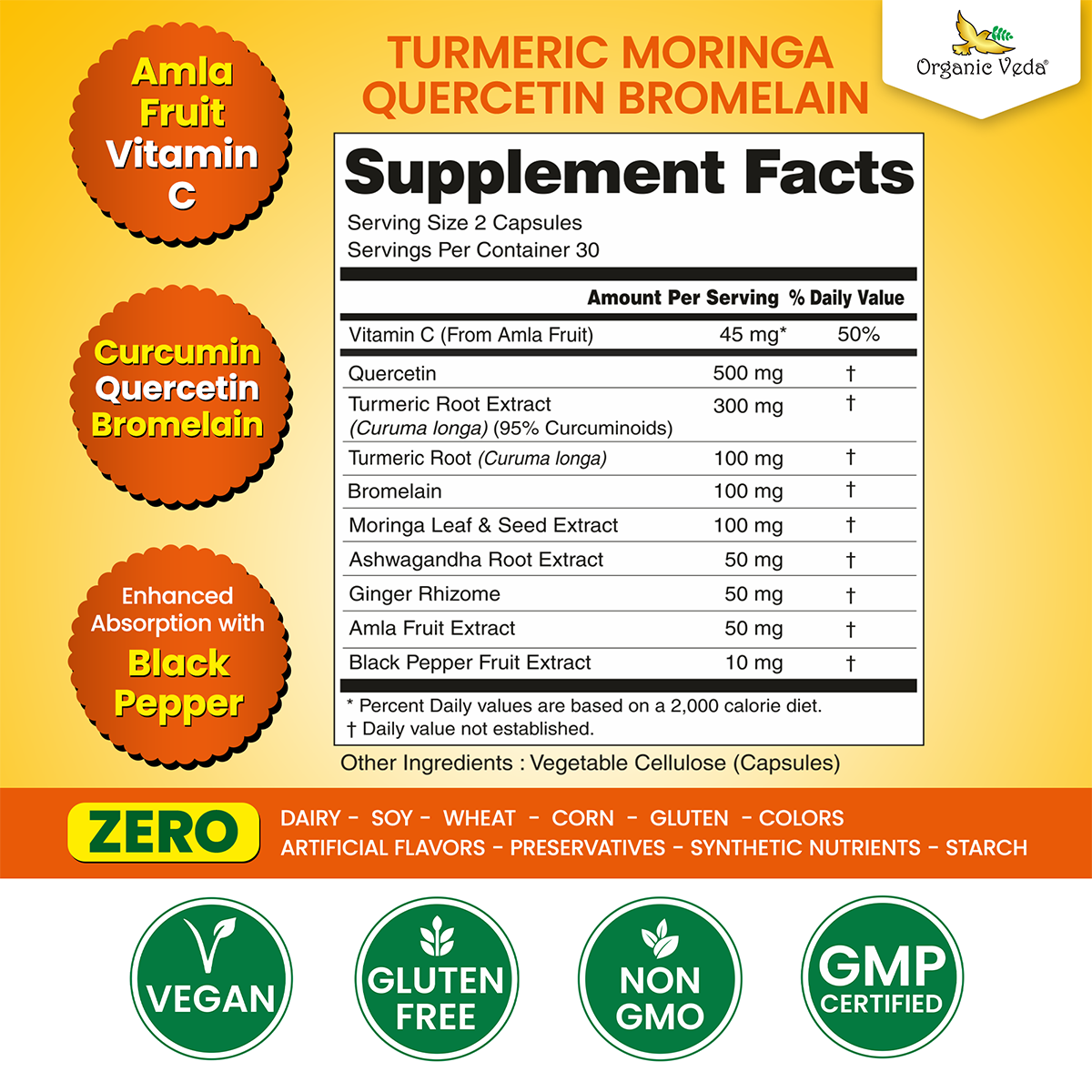 Turmeric Moringa Quercetin Bromelain Capsules OrganicVeda