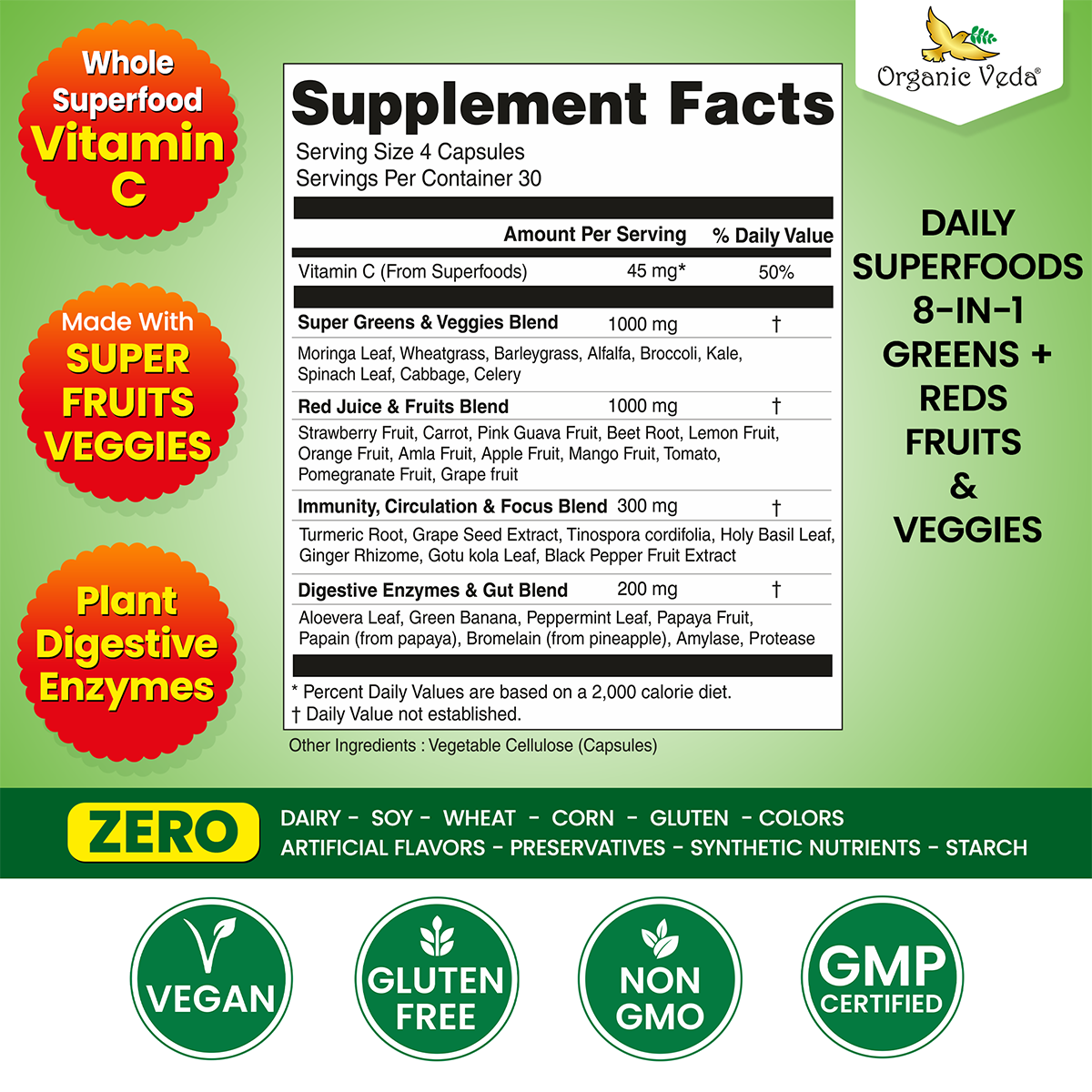 8-in-1 Daily Superfoods Greens & Reds Capsules | Organic