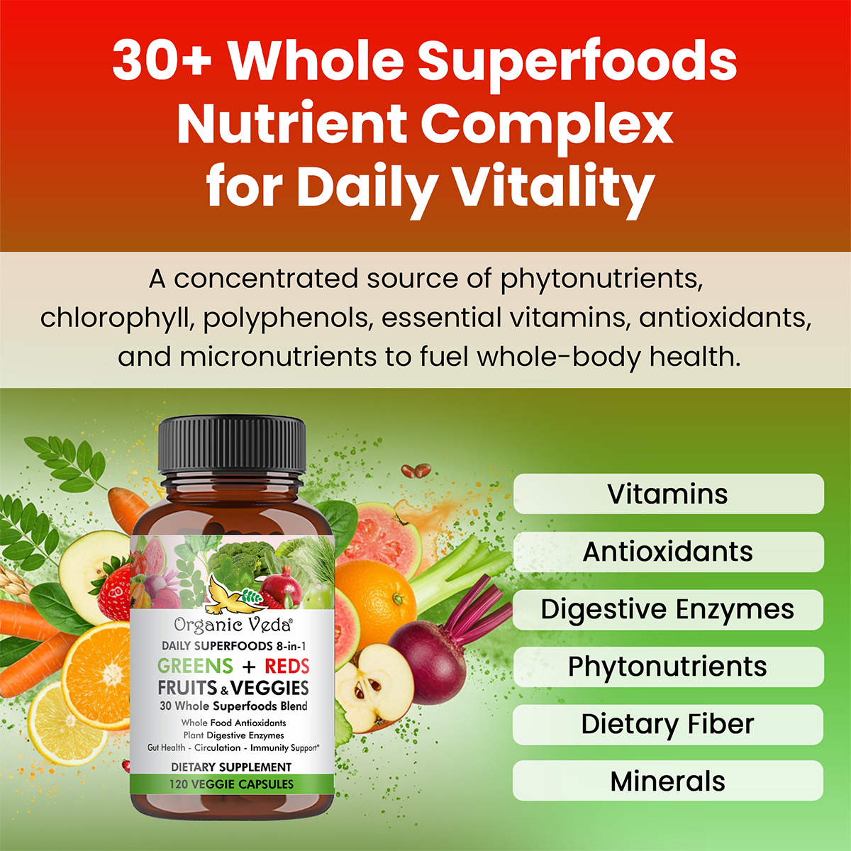 8-in-1 Daily Superfoods Greens & Reds Capsules | Organic