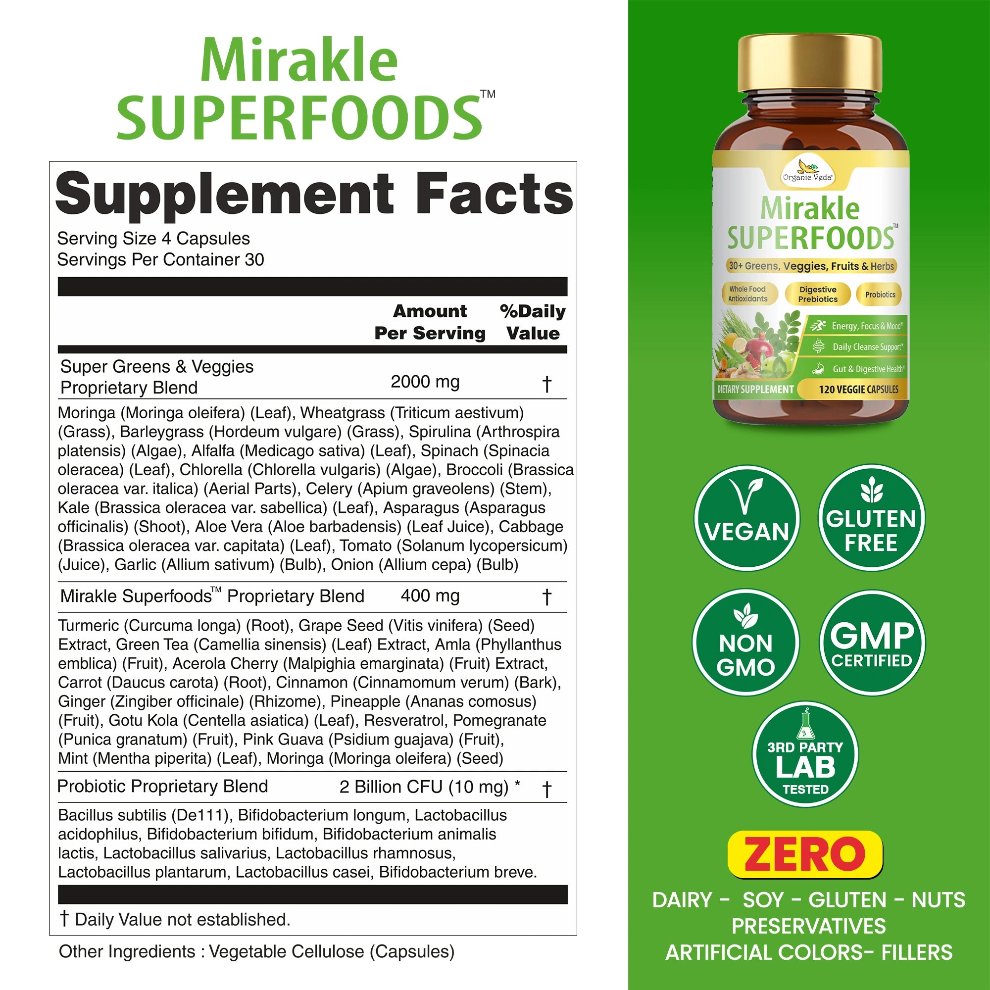 Mirakle Superfoods Greens - 30+ Green Juices & Veggies