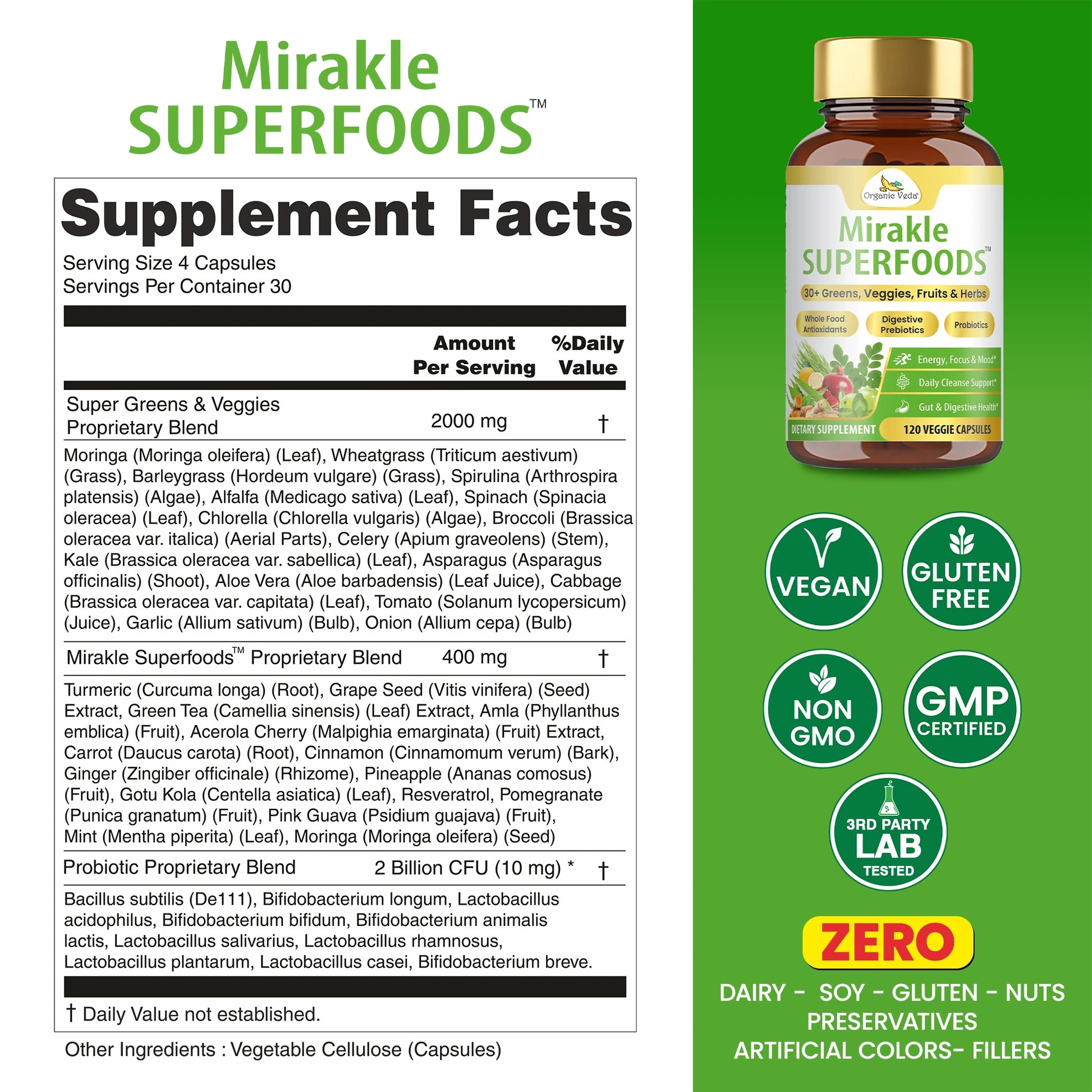 Mirakle Superfoods Greens - 30+ Green Juices & Veggies
